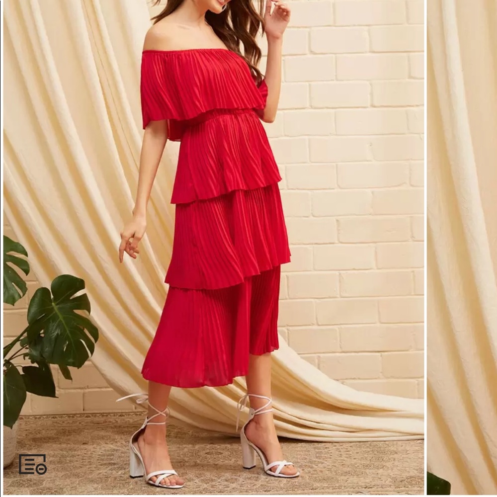 Red off shoulder layered pleated tier dress - NWOT - Picture 3 of 6